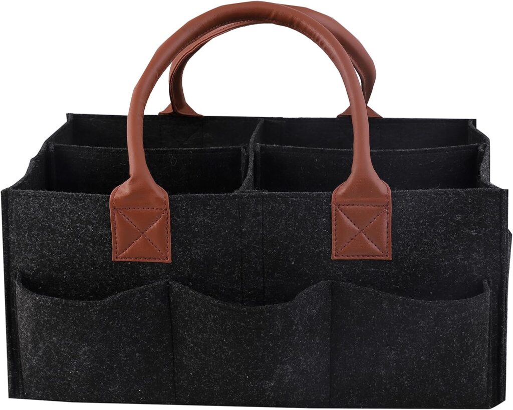 Mysa Felt Baby Diaper Caddy Car Organizer with Vegan Leather Handle for Diapers and Baby Wipes For Changing Table Nursery Storage Bin Basket, Suitable For Indoor Outdoor (BLACK)