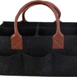 Mysa Felt Baby Diaper Caddy Car Organizer with Vegan Leather Handle for Diapers and Baby Wipes For Changing Table Nursery Storage Bin Basket, Suitable For Indoor Outdoor (BLACK)