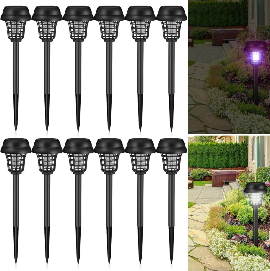 Qualirey 12 Pcs Solar Bug Zapper Outdoor Waterproof Solar Mosquito Zapper Outdoor Solar Powered Mosquito Killer Lamp Lighting Mosquito Repellent Lamp for Patio Yard Garden Insect, Purple White Light