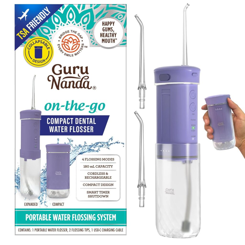 GuruNanda Compact Water Dental Flosser, Portable Travel Size Oral Irrigator Flosser with Collapsible 180 ml Tank, Smart Timer, 4 Flossing Modes, TSA-Approved – Lavender