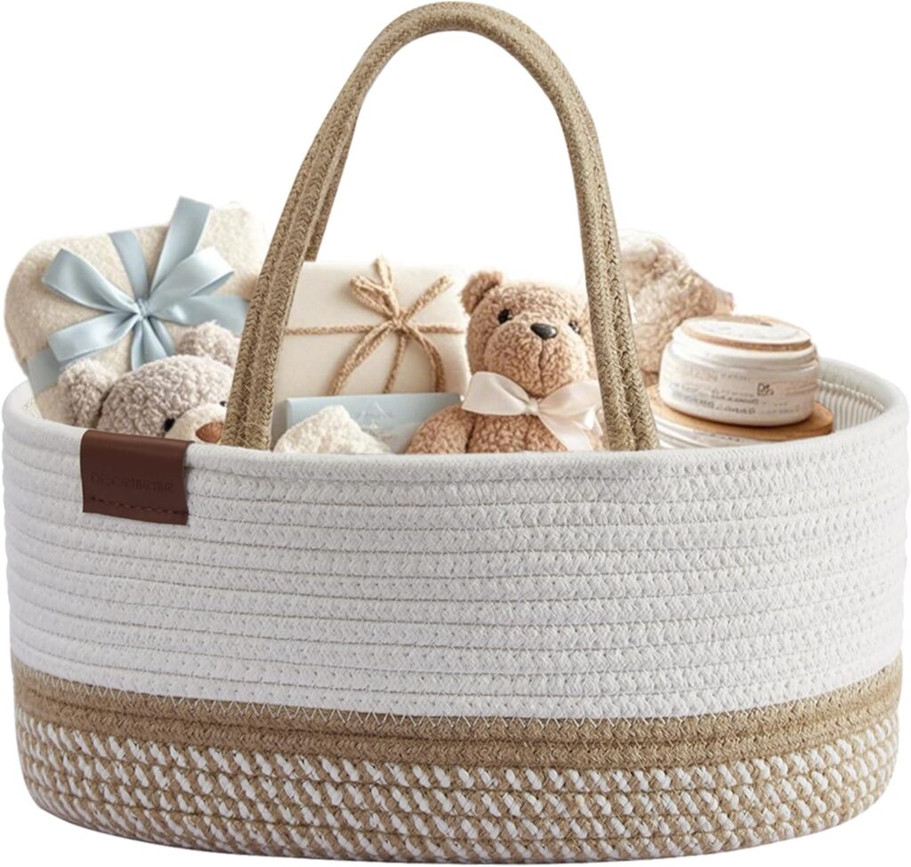 DECOMOMO Baby Caddy Organizer, Diaper Caddy Basket, Baby Baskets for Baby Shower (Spiral Beige & White, Large)