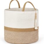 Mkono Woven Storage Basket Decorative Natural Rope Basket Wooden Bead Decoration for Blankets,Toys,Clothes,Shoes,Plant Organizer Bin with Handles Living Room Home Decor, 16″W×13.8″L, White and Brown