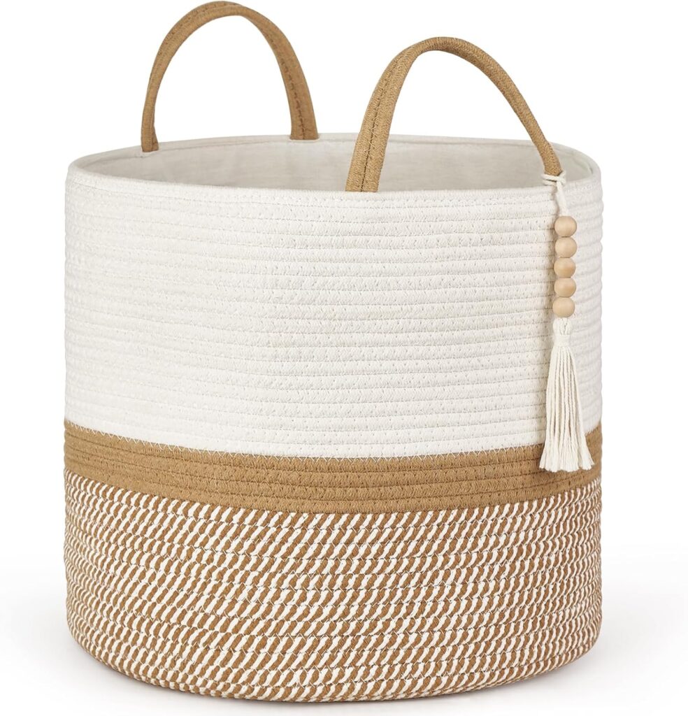 Mkono Woven Storage Basket Decorative Natural Rope Basket Wooden Bead Decoration for Blankets,Toys,Clothes,Shoes,Plant Organizer Bin with Handles Living Room Home Decor, 16″W×13.8″L, White and Brown
