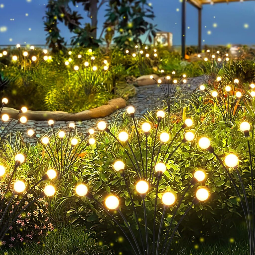 LETMY Solar Lights Outdoor, 4 Pack 32 LED Swaying Solar Garden Lights, Firefly Light for Outdoor Decorations, Garden Decor with Big Bulb & Larger Panel, Unique Gifts for Women, Gifts for Grandma