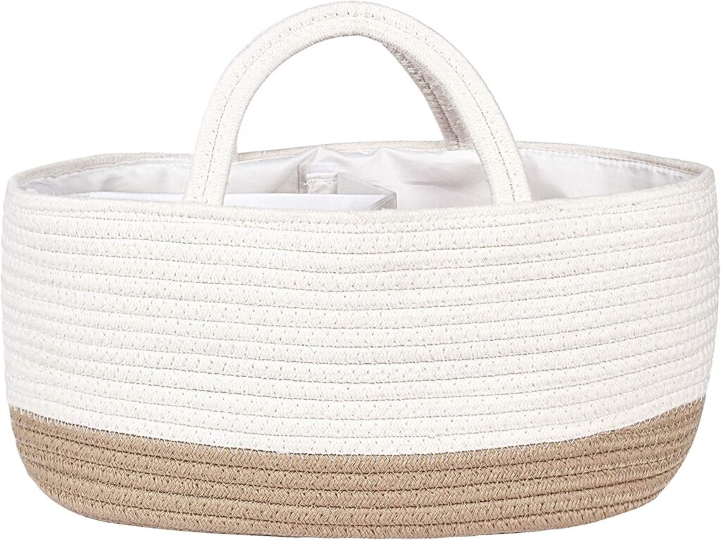 Mila Millie Baby Large Cotton Rope Diaper Caddy,Organizer Storage Bin for Nursery Essentials,100% Natural Cotton,Eco friendly (White & Biege) 15.5x10x7 Inch (Pack of 1)