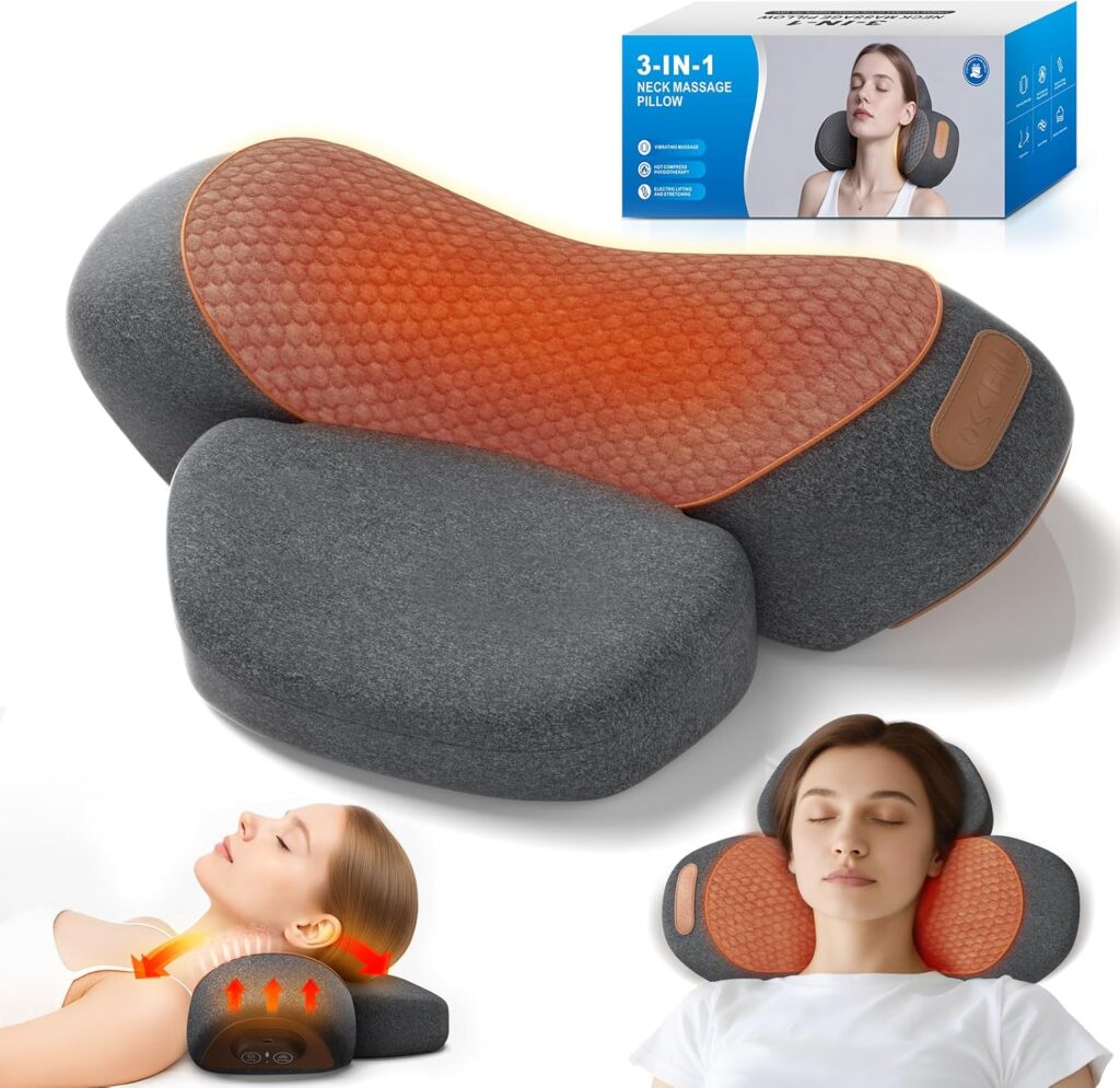 3-in-1 Neck Massager Pillow with Heating and Cervical Traction – Deep Tissue Massage for Pain Relief, Ergonomic Shoulder Massage Pillow, Neck Hump Corrector Ideal Gift for Women and Men Corded