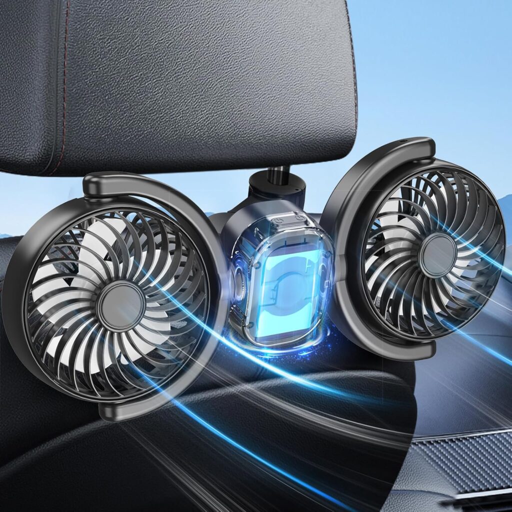 Dealswin Rechargeable Car Fan for Backseat Kids Baby, Battery and USB Dual Power Car Fans, Powerful 3 Speeds 360° Rotatable Dual Head Cooling Car Seat Fan for Sedan SUV RV Truck Vehicle