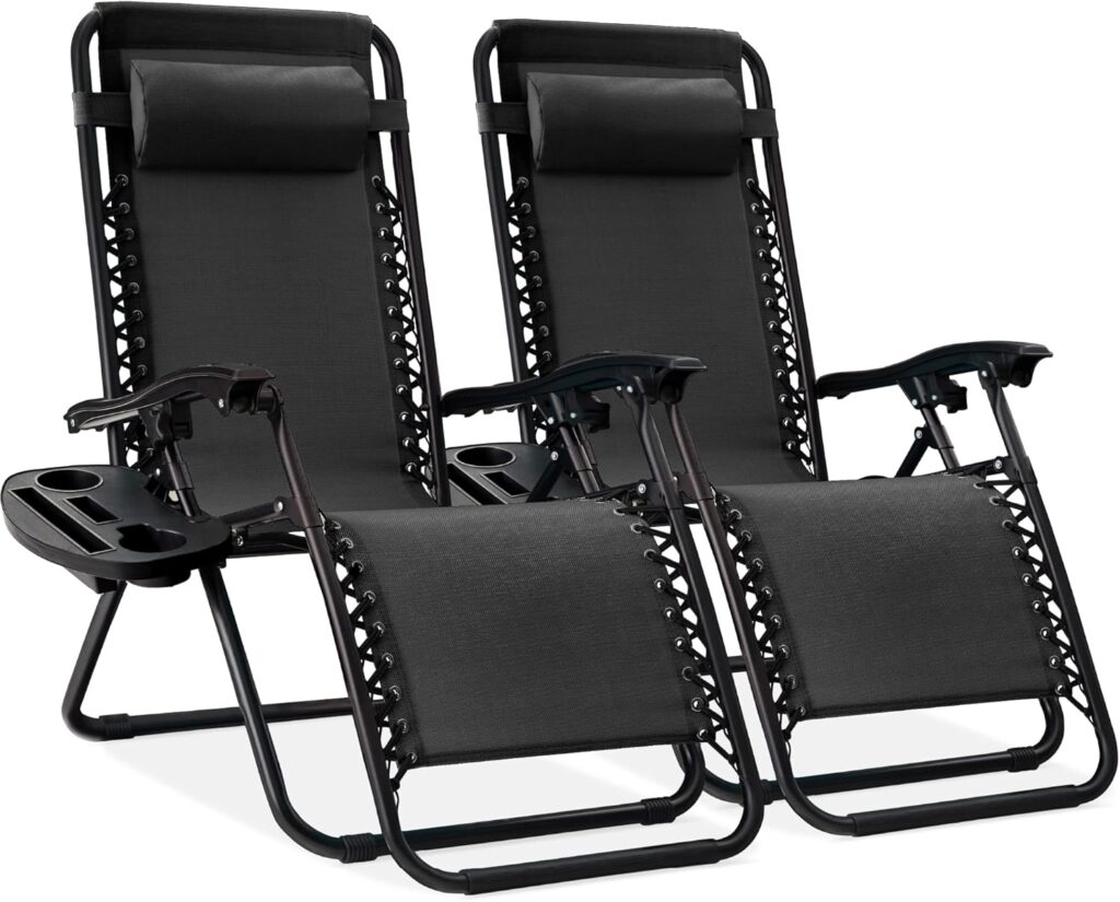 Best Choice Products Set of 2 Adjustable Steel Mesh Zero Gravity Lounge Chair Recliners w/Pillows and Cup Holder Trays – Black