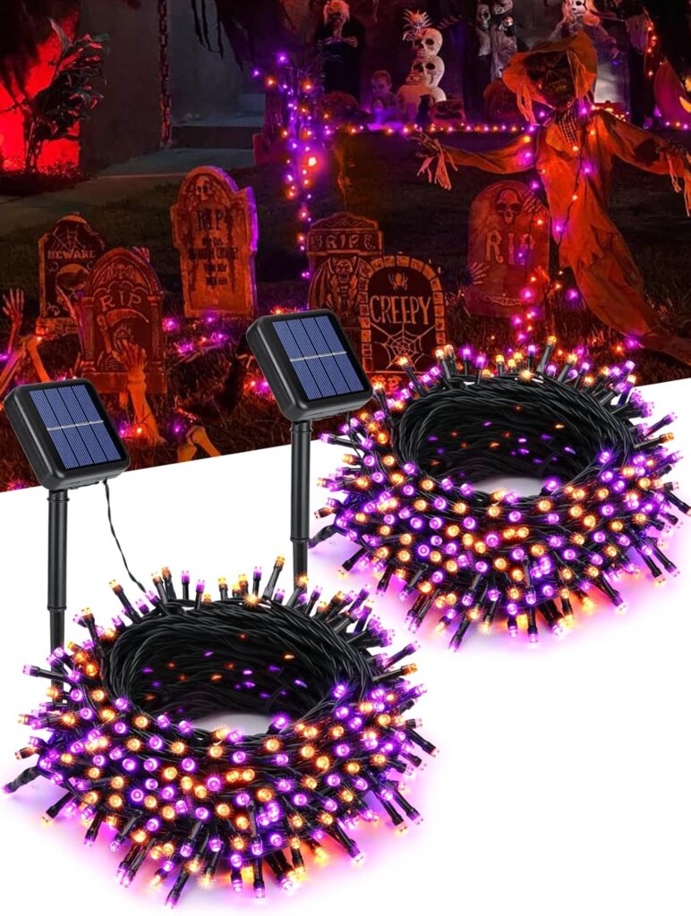 Flacchi 2 Pack Solar Halloween Lights Total 144ft 400 LED 8 Modes Outdoor String Lights Waterproof Solar Fairy Lights for Garden, Patio, Fence, Balcony, Outdoors,Holiday Decoration (Orange & Purple)