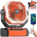 Battery Powered Fan – 9-Inch Rechargeable Fan Portable, 20000mAh(60Hrs) Camping Fans for Tent, Auto Oscillation Cordless, Tent Fans for Camping with Remote/light, 4 Speeds, 4 Timing, Outdoor