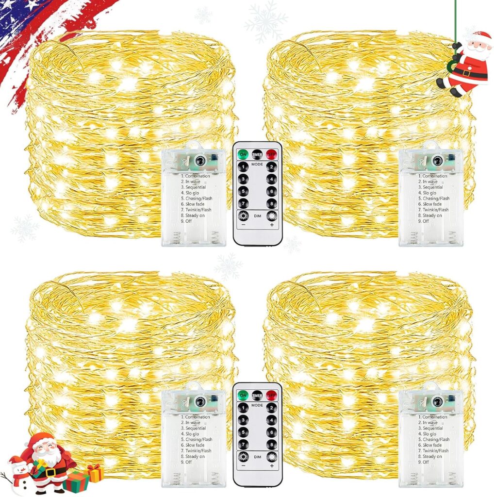 4Pack 80FT 240LED Fairy Lights Battery Operated with Remote & Timer | 8 Modes Twinkle String Lights Battery Powered Indoor Outdoor Waterproof for Bedroom Wedding Classroom Christmas Décor