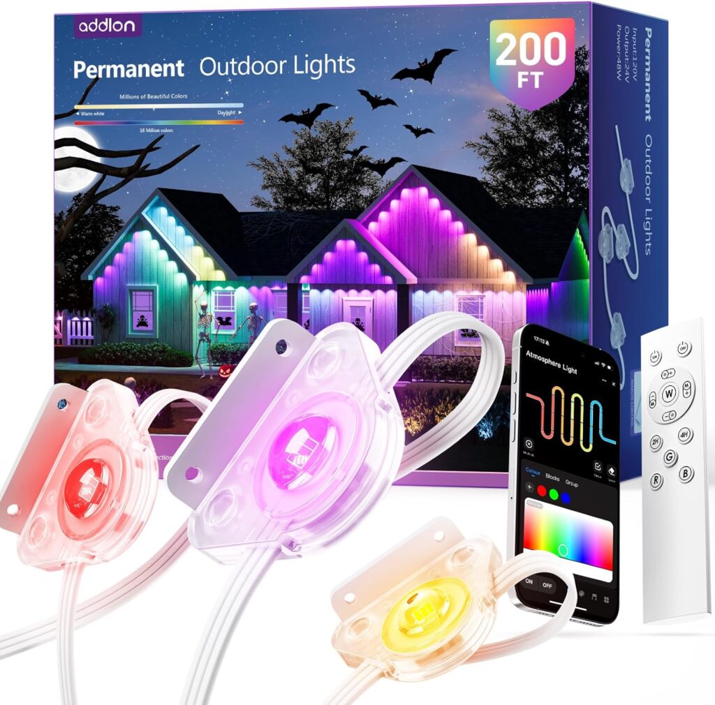 addlon 200FT Permanent Outdoor Lights, RGB+IC Smart LED Outdoor Lights for House, App & Remote Control, DIY Scene Mode, IP67 Waterproof Christmas Light, Holiday, Party, Halloween Decorations