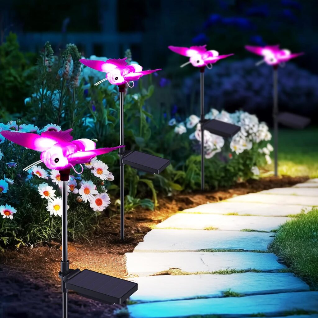 Outdoor Solar Lights for Yard, Self Swing Purple Solar Butterfly Lights, 1800mAh Waterproof Garden Lights Auto On/Off for Garden Yard Path Walkway Driveway Patio Decor, Warm White.(4 Pack