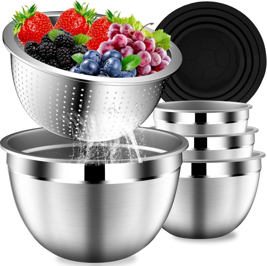 Mixing Bowls with Lids Set, Stainless Steel Mixing Bowls with Colander, Strainer with Mixing Bowl Set, Kitchen Gadgets Bowl Christams Gift, Size 4, 2.5, 2, 1.5QT – Black