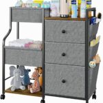 Baby Diaper Caddy, 3 Tier Baby Organizer and Storage Cart with Dividers and Drawers, Mobile Utility Rolling Cart, Baby Newborn Essentials Storage Cart with Wheels for Nursery, Bedroom, Grey