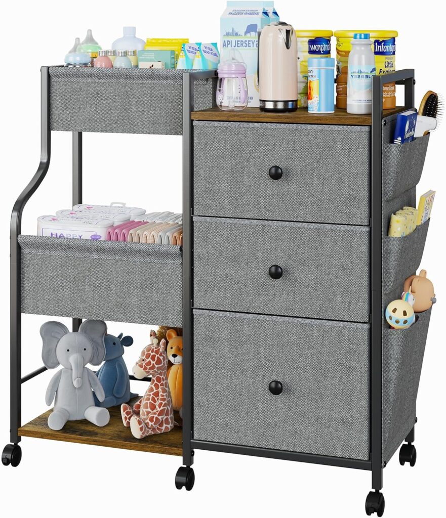 Baby Diaper Caddy, 3 Tier Baby Organizer and Storage Cart with Dividers and Drawers, Mobile Utility Rolling Cart, Baby Newborn Essentials Storage Cart with Wheels for Nursery, Bedroom, Grey