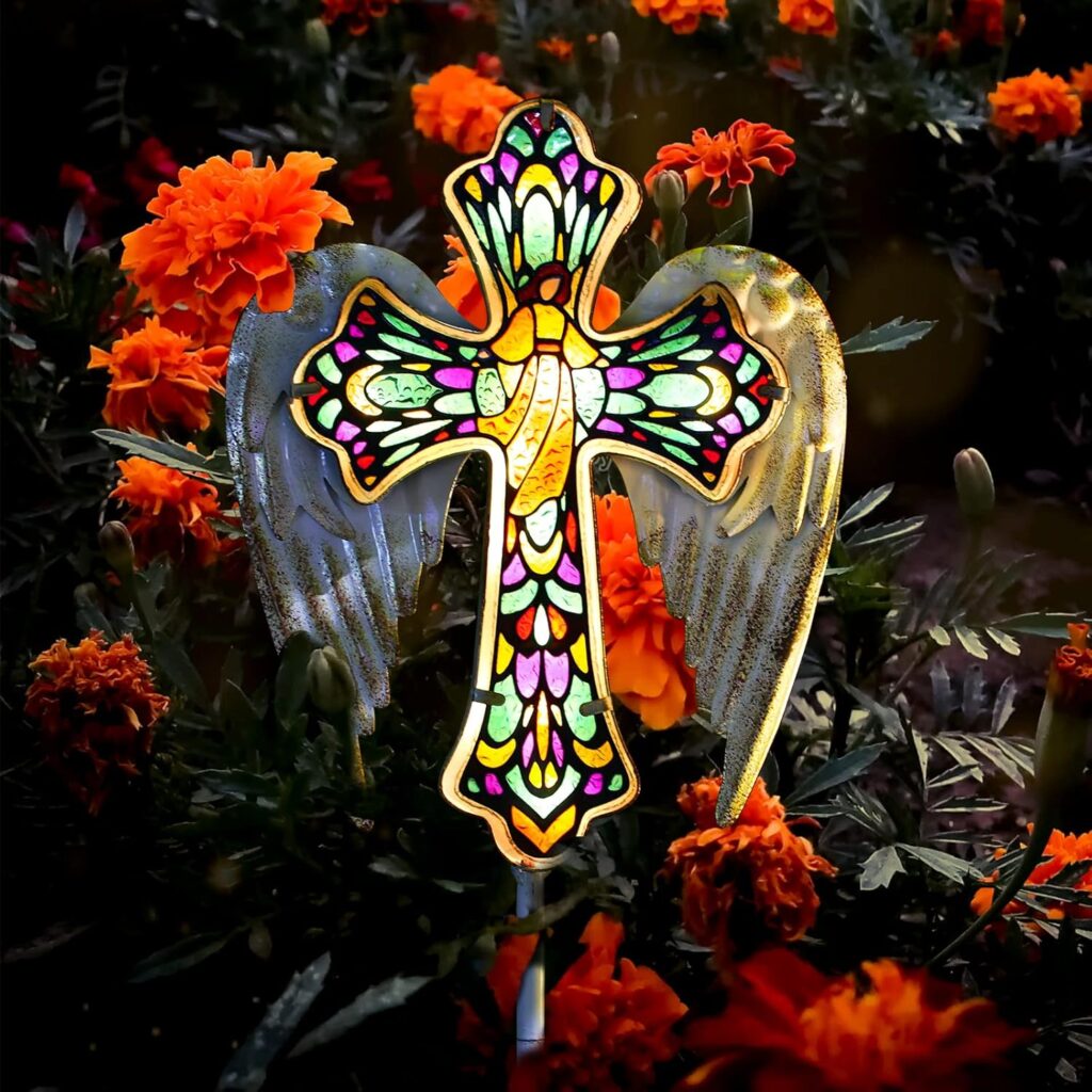 YJFWAL Solar Glass Cross Garden Stake Light, Cemetery Decorations for Grave Outdoor Lights, Jesus Cross Angel Wings Sympathy Memorial Gifts, for Easter Halloween Garden Lawn Yard Patio Decor