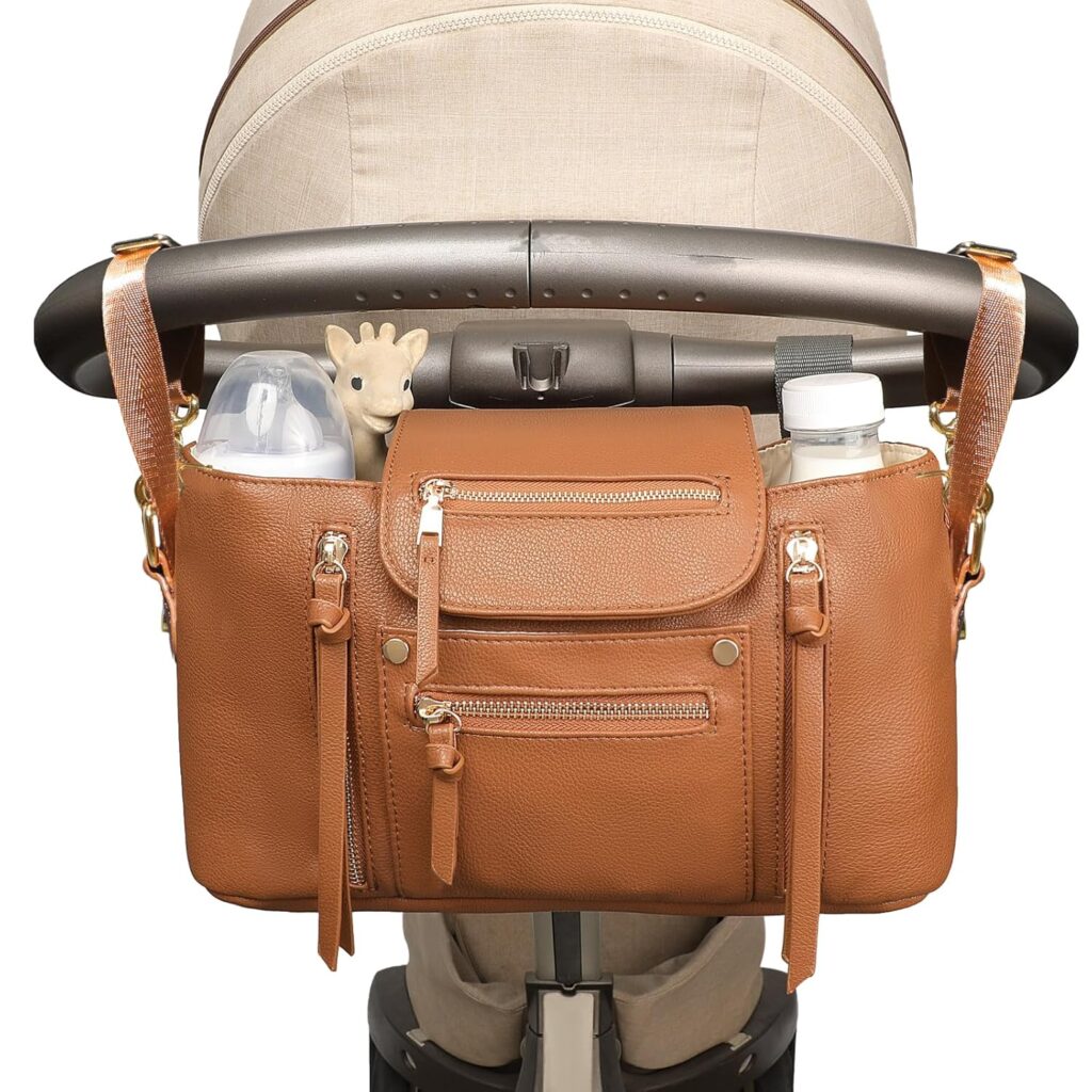 miss fong Stroller Organizer with Insulated Cup Holder Stroller Caddy Baby Storage Bag with Adjustable Strap to Fit All Strollers (Brown)