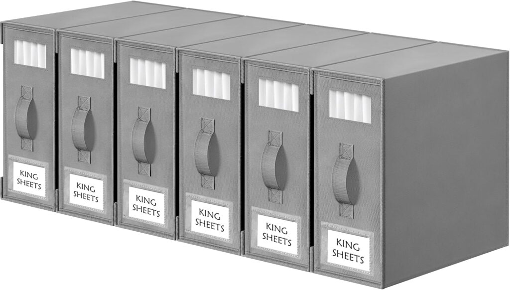 Criusia Bed Sheet Organizers and Storage, 6 Pack Foldable Linen Closet Organizer Box – Bedding Holder for Sheet Set (King/Queen Sizes), Duvet Covers, Blankets (Grey)