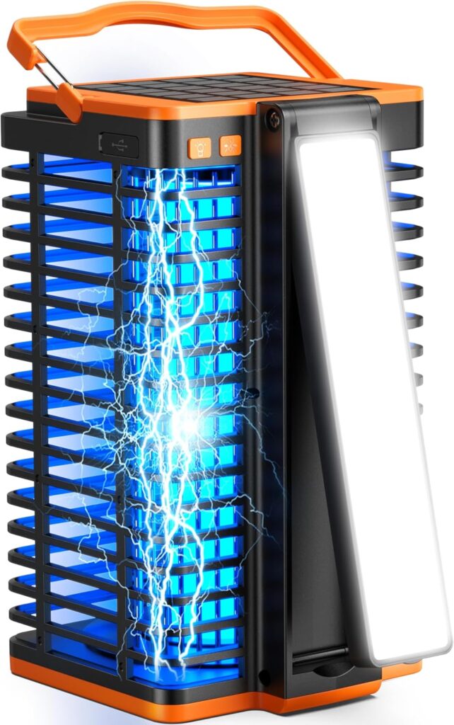 Solar Bug Zapper Outdoor,2 in 1 Mosquito Zapper Cordless & Rechargeable, 4200V Portable Fly Zapper Insect Trap with Reading Lamp for Camping Patio Backyard Garden