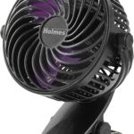 Holmes 4” On-The-Go Personal Fan with Clip – 3 Speeds, 360° Rotation, Rechargeable Battery, USB-C Charging, Compact, Black with Purple Blades, 1-Year Warranty – Ideal for Desks & Personal Spaces