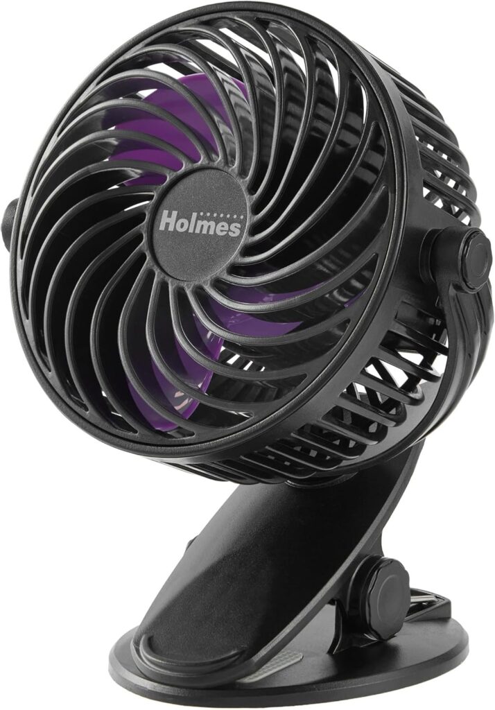Holmes 4” On-The-Go Personal Fan with Clip – 3 Speeds, 360° Rotation, Rechargeable Battery, USB-C Charging, Compact, Black with Purple Blades, 1-Year Warranty – Ideal for Desks & Personal Spaces