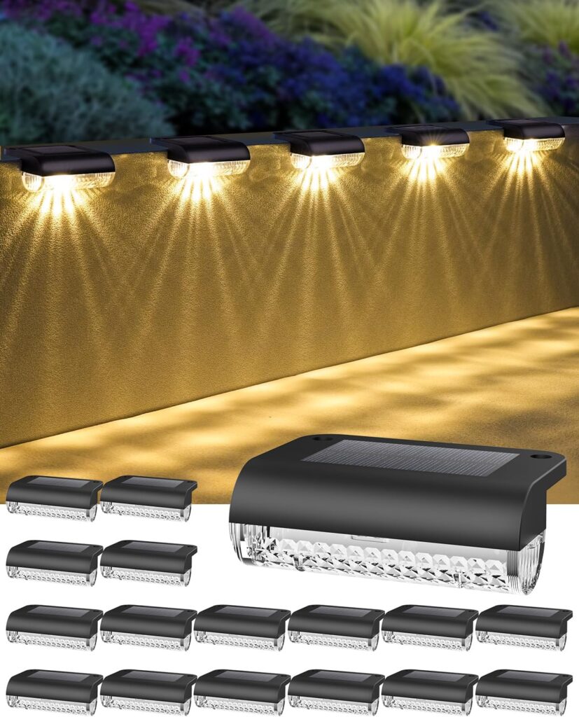 16 Pack Solar Deck Lights Outdoor, Solar Fence Lights Waterproof Step Lights Auto Dusk to Dawn for Garden, Backyard, Wall, Balcony, Deck,Pool,Patio (3000K Warm White)