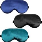3 Pcs Sleep Mask, Silk Blackout Eye Mask Cover with Adjustable Strap, Satin Night Blindfold Eyeshade Nap for Men and Women Travel Sleeping (Black, Blue, Green)