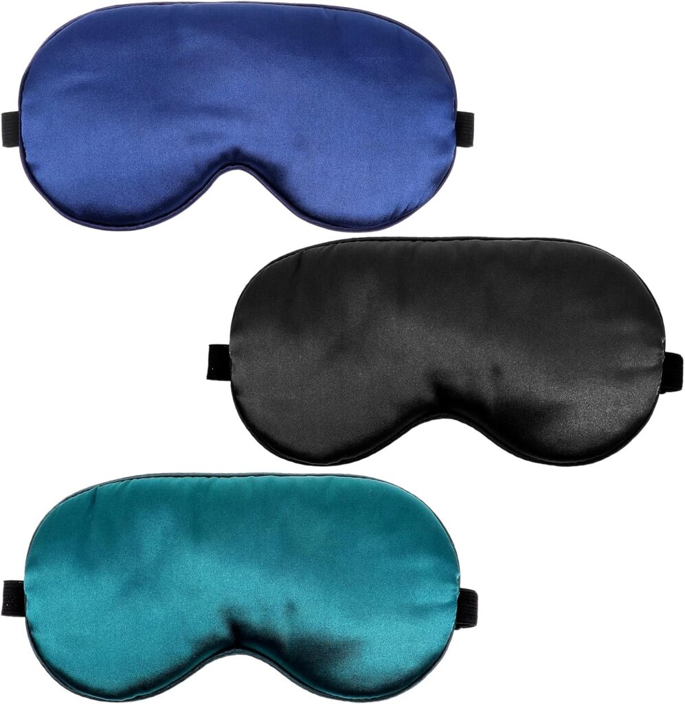 3 Pcs Sleep Mask, Silk Blackout Eye Mask Cover with Adjustable Strap, Satin Night Blindfold Eyeshade Nap for Men and Women Travel Sleeping (Black, Blue, Green)