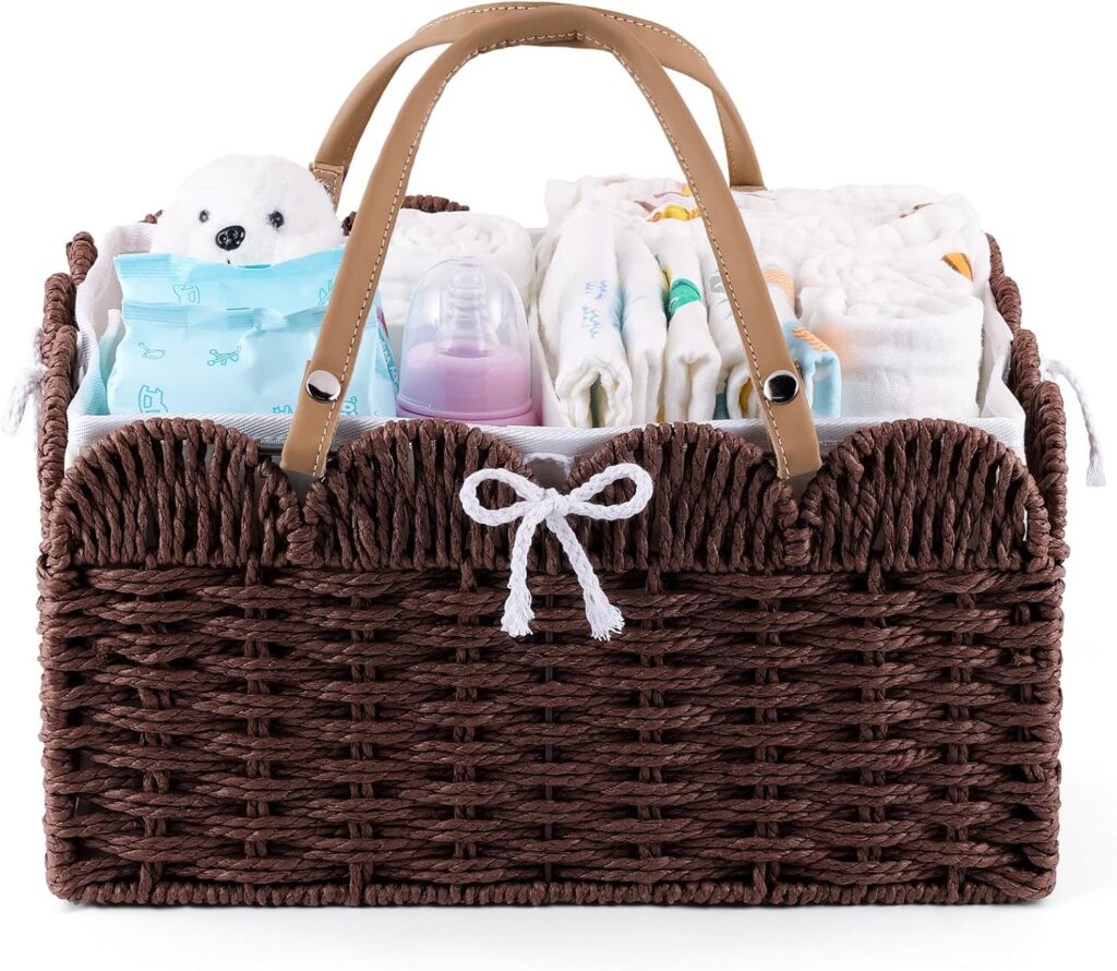 Baby Diaper Caddy Organizer, Woven Wicker Paper Rope Storage Basket with Cotton Divider, Portable Large Nursery Bin Scalloped Diaper Caddy Newborn Essetials Must Haves, Baby Shower Gifts