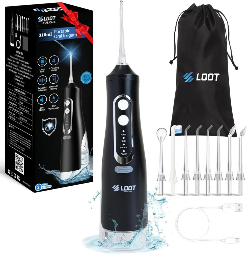 Dental Water Flosser Cordless, 310ML Electric Flosser with 4 Cleaning Modes & 8 Replaceable Jet Tips, IPX7 Waterproof Electric Waterflosser for Teeth Cleaning (8 Tips)