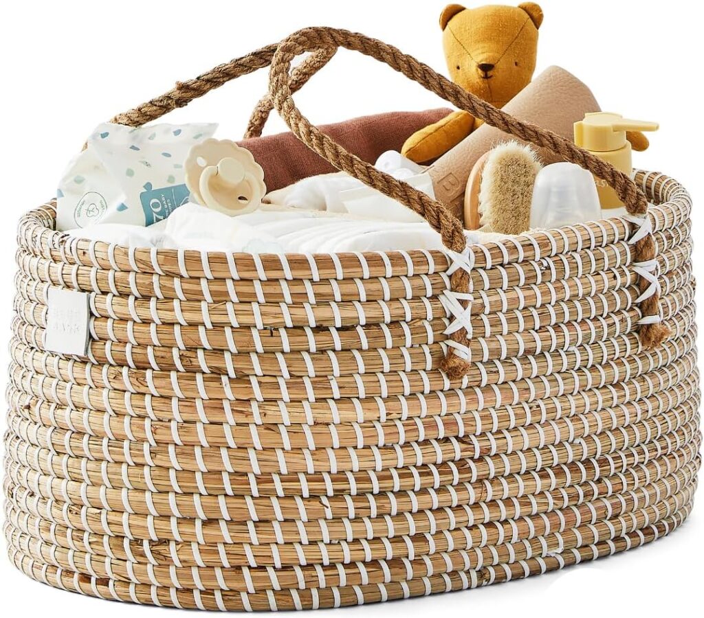 BEBE BASK Premium Baby Diaper Caddy Organizer – Handmade – Seagrass Basket With Cotton Divider – Award-Winning & Luxury Diaper Caddy Basket – White (NATURAL)