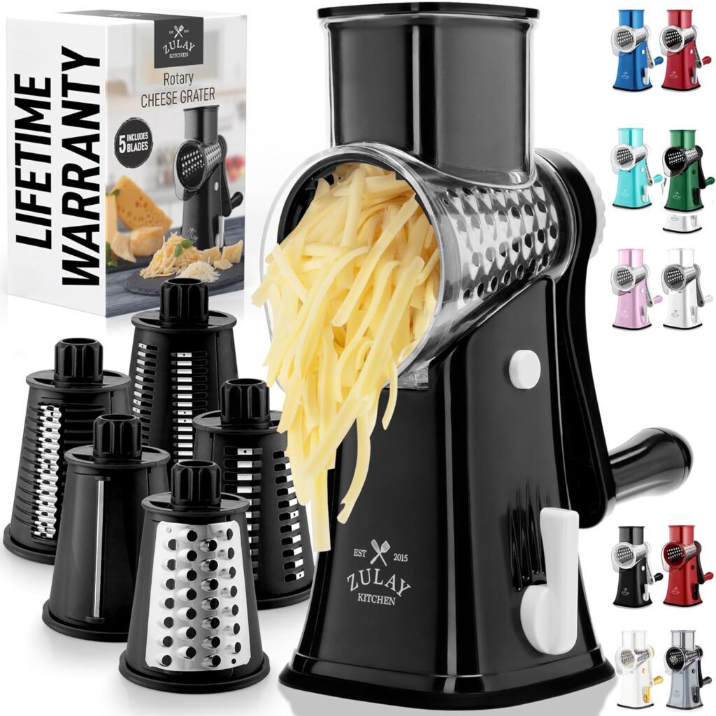 Zulay Kitchen Rotary Cheese Grater 5 Blade Cheese Shredder – Manual Hand Crank Cheese Grater With Reinforced Suction & 5 Interchangeable Drums – Easy to Use, Vegetable Chopper Round Mandoline Slicer