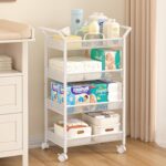 Baby Diaper Caddy Cart, 4-Tier Diaper Caddy Organizer and Storage, Rolling Utility Cart for Baby Supplies, Diaper Cart with Wheels for Bedroom, Nursery, Changing Table, White