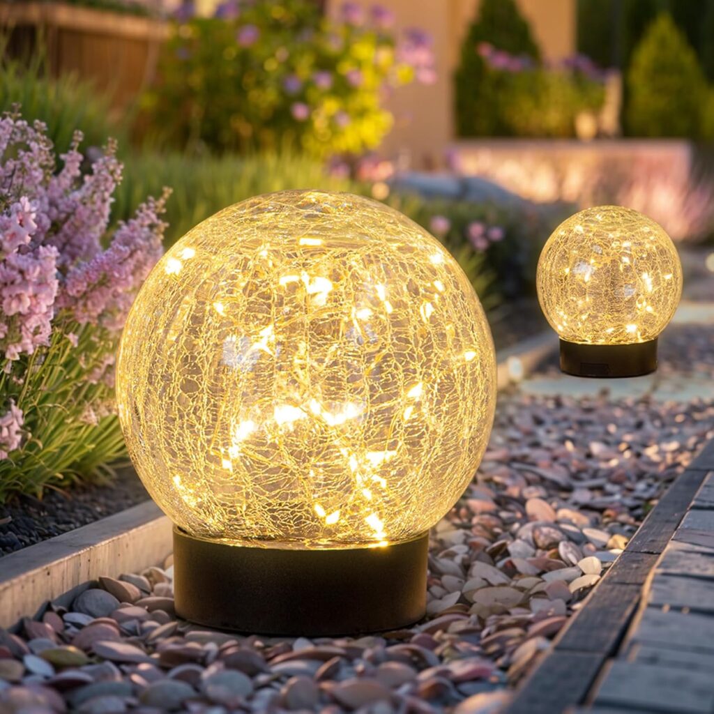 Beautyard Solar Globe Lights Outdoor Large Garden Decor USB Charged 4.72″ Diameter 40LED 1000mAh Solar Lights Cracked Glass Globe Solar Power Yard Patio Garden (4.72” Large 2 Pack Warm White)