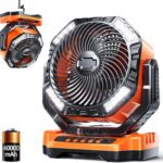 Camping LED Fan with Light, 40000mAh Rechargeable Battery Powered Outdoor Tent Fan with Light and Hook, 4 Speed, Personal USB Desk Fan for Camping, Fishing, Power Outage,Hurricane, Worksite