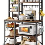 Baker Rack with Power Outlet – Microwave Stand with Storage, Large Coffee Bar Station with 14 Hooks, Metal Kitchen Shelf Rack for Spices, Pots (Rustic Brown)