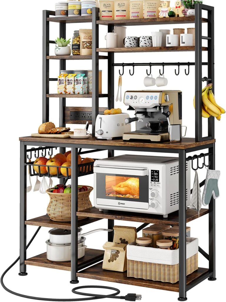 Baker Rack with Power Outlet – Microwave Stand with Storage, Large Coffee Bar Station with 14 Hooks, Metal Kitchen Shelf Rack for Spices, Pots (Rustic Brown)