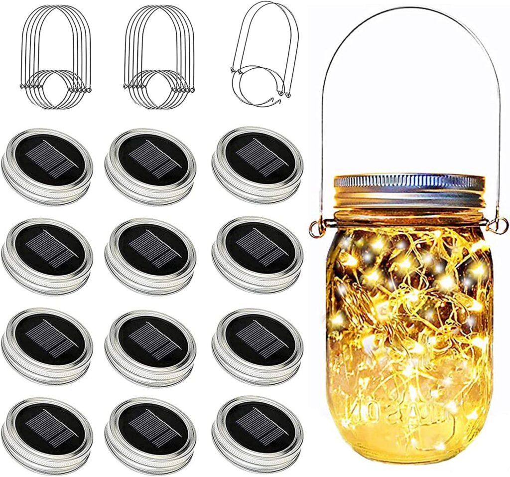 12 Pack Solar Mason Jar Lid Lights – 30 LED Firefly Fairy String Lights, Waterproof Outdoor Solar Lights with Hangers for Regular Mouth Jars (No Jars Included)