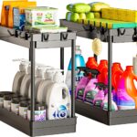 2 Pack Under Sink Organizer, 2 Tier Bathroom Cabinet Organizers and Storage with Hook, Multi-purpose Storage Basket Shelf for Kitchen, Black