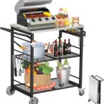 Ciokea Folding Outdoor Grill Cart with Wheels, 3-Shelf Grill Table with 27×18 in Stainless Steel Top, Rolling Pizza Oven Stand, Metal Portable Cart for BBQ Patio Camping (Black)