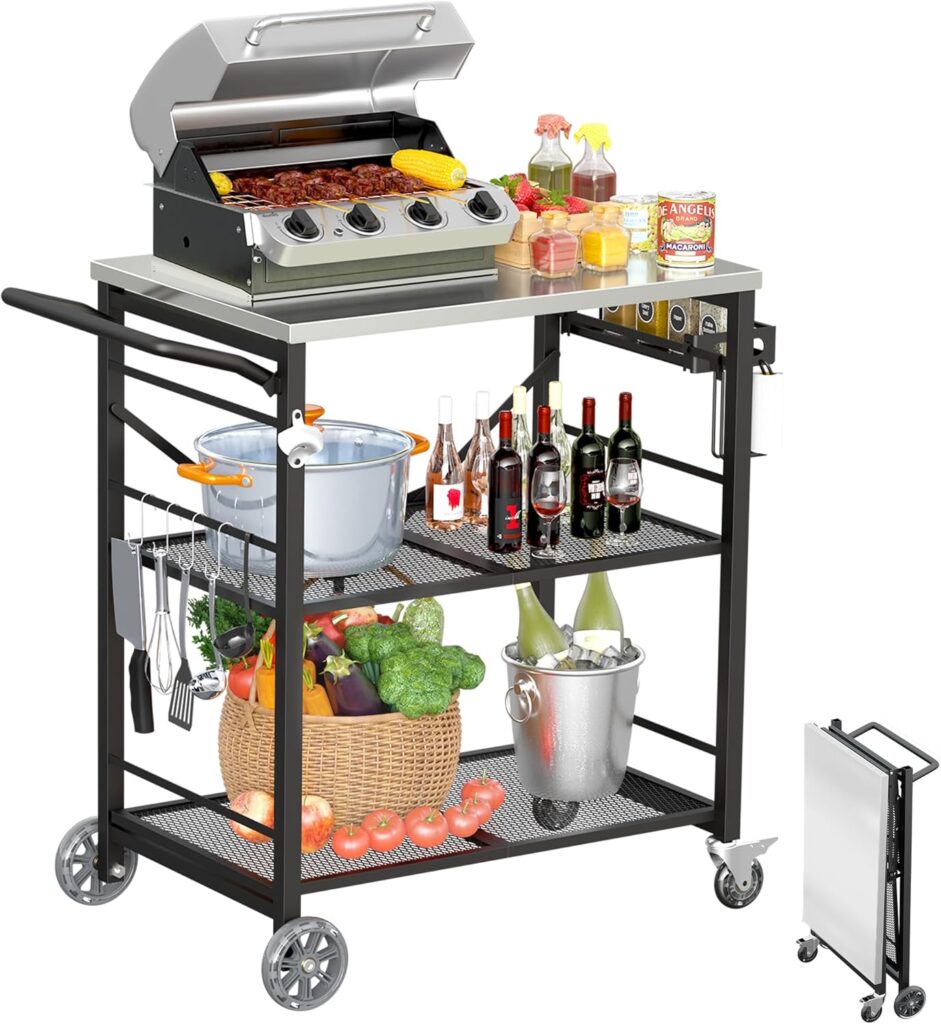 Ciokea Folding Outdoor Grill Cart with Wheels, 3-Shelf Grill Table with 27×18 in Stainless Steel Top, Rolling Pizza Oven Stand, Metal Portable Cart for BBQ Patio Camping (Black)