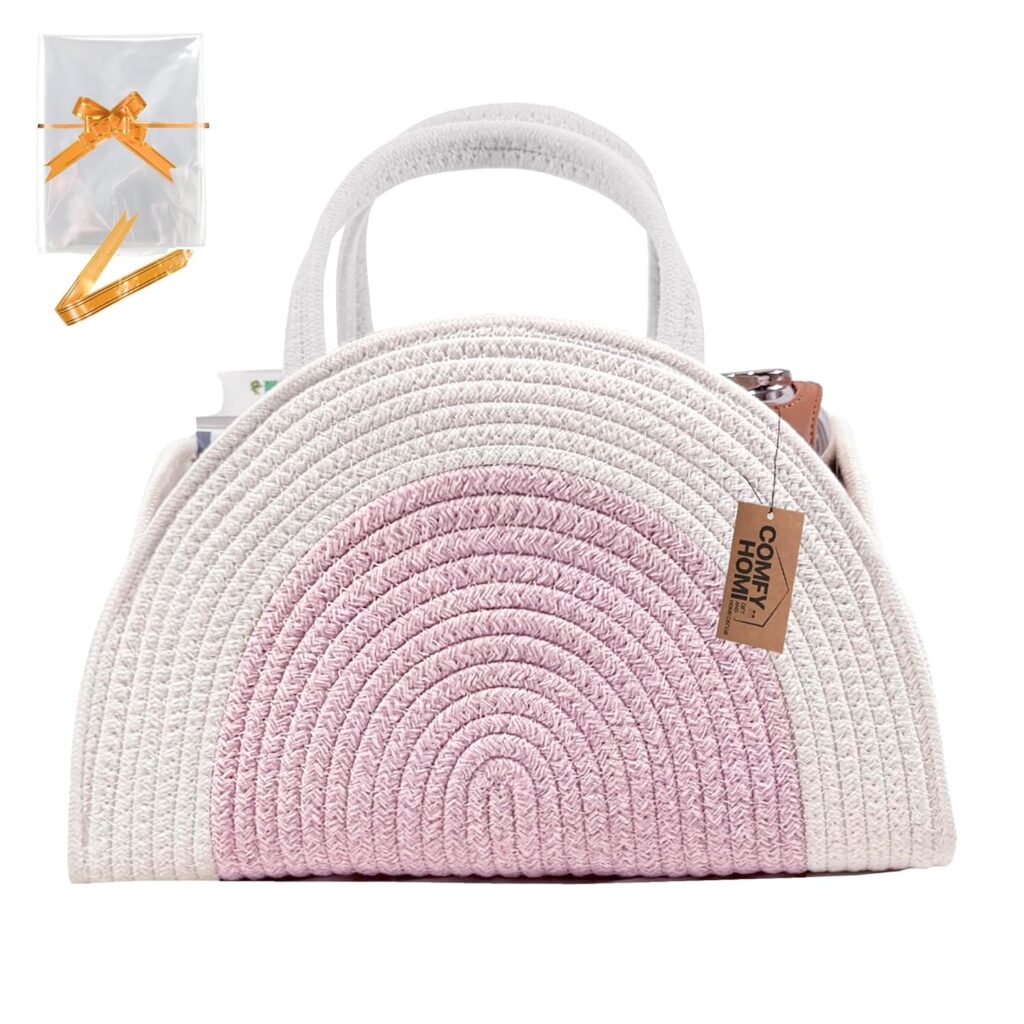 COMFY-HOMI Diaper Caddy Organizer with Gift Bags and Ribbons – Sturdy Cotton Rope Basket for Baby Girl & Boy Newborn Essentials, Large Gift Bag, Nursery Storage Caddy with Handles (white Pink)