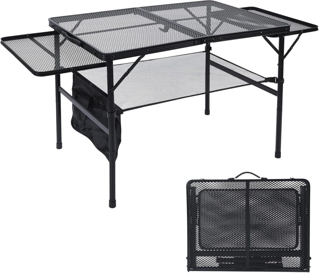 Folding Grill Table, 3×2 FT Portable Camping Table with 2 Wing Panels, Height Adjustable Metal Tables with Mesh Desktop and Mesh Bag, Outdoor Furniture for Camping, Picnic, Beach and BBQ, Black