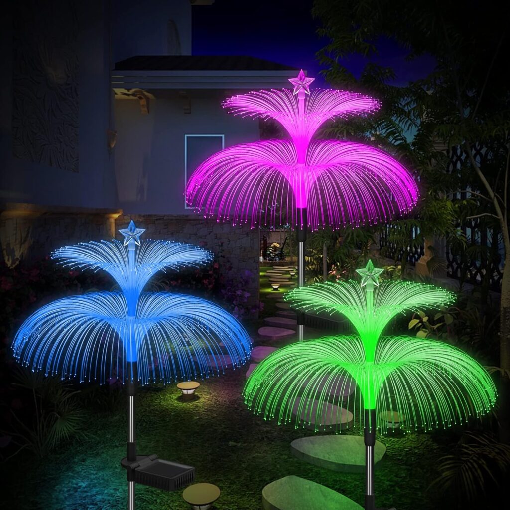 Solar Garden Lights 3 Pack New Upgraded Solar Lights Outdoor Waterproof 7 Color Changing Double Jellyfish and Star Flower Garden Decor Yard Lawn Christmas Outdoor,Gifts for Mother’s Day Women