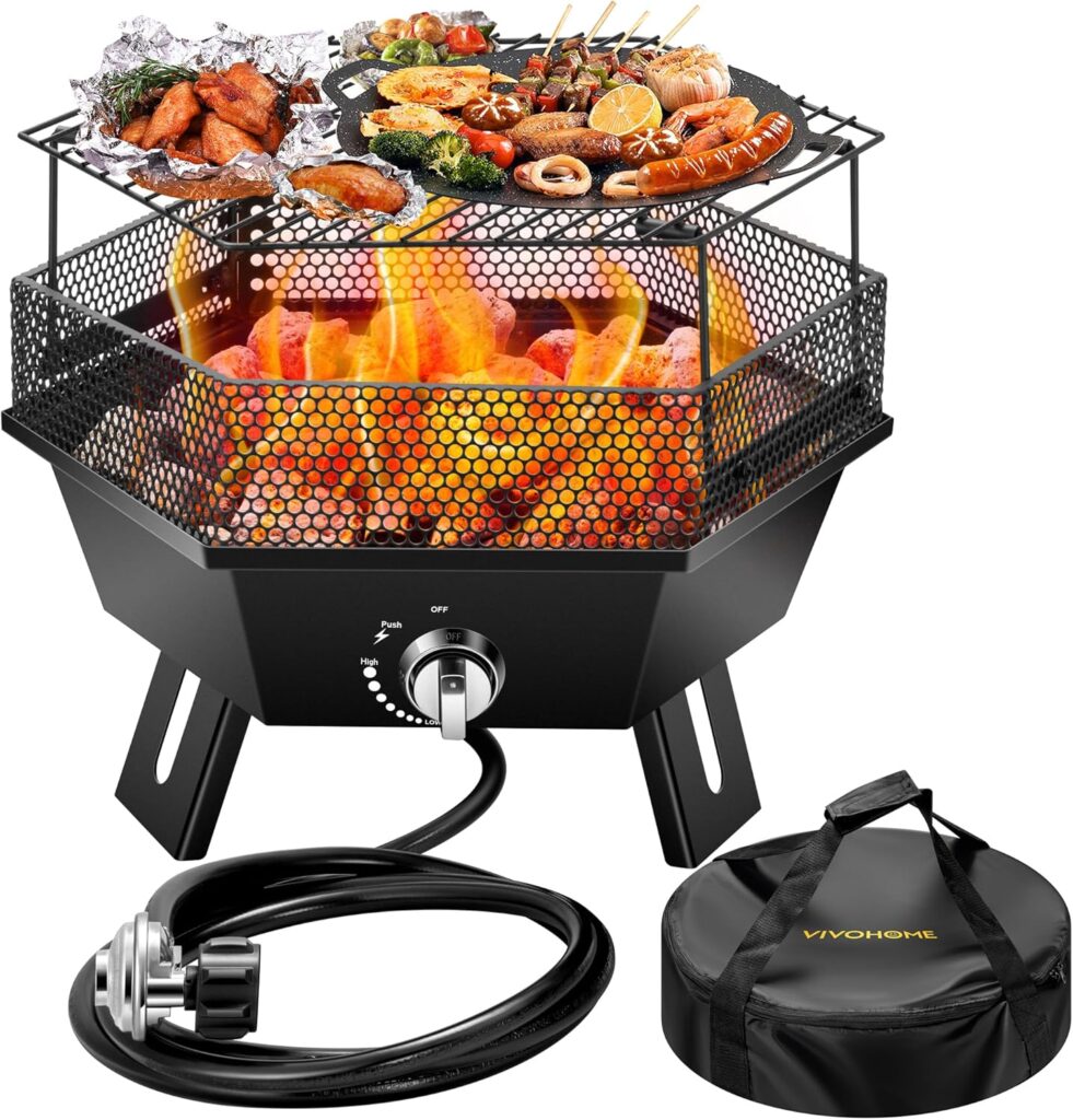 VIVOHOME Portable 58,000 BTU Propane Fire Pit with Grill, 20-Inch Smokeless Outdoor Design with Carry Bag, Tank Holder, Ideal for Patio, Backyard, Camping, Tailgating, Deck, RV