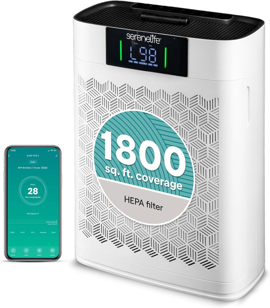 SereneLife HEPA Air Purifier for Home – Smart WiFi & App Control, Ultra-Quiet Air Purifier for Bedrooms & Large Rooms, Removes Dust, Pet Hair & Odors, Ideal for Pets & Allergies (1,800 Sq Ft, White)