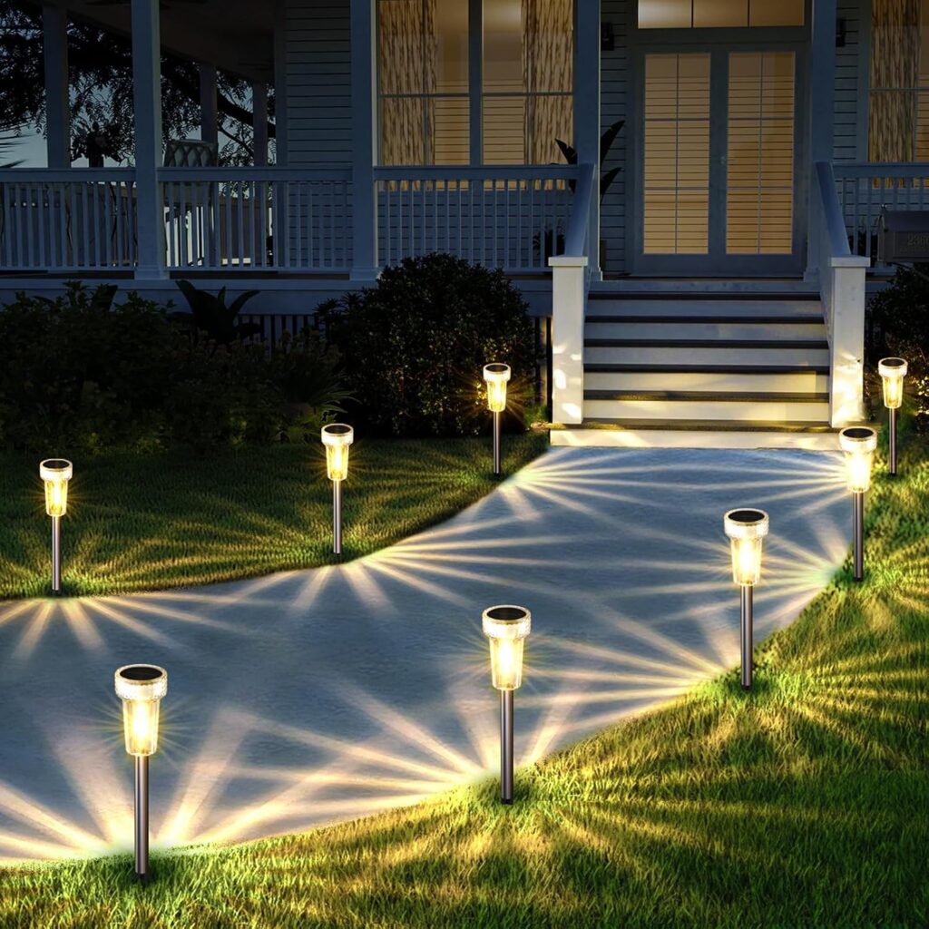 Mancra Solar Lights Outdoor Waterproof, 8 Pack Stainless Steel Tungsten Bulb Solar Pathway Lights Waterproof Garden Decor for Path Yard Lawn Walkway Driveway