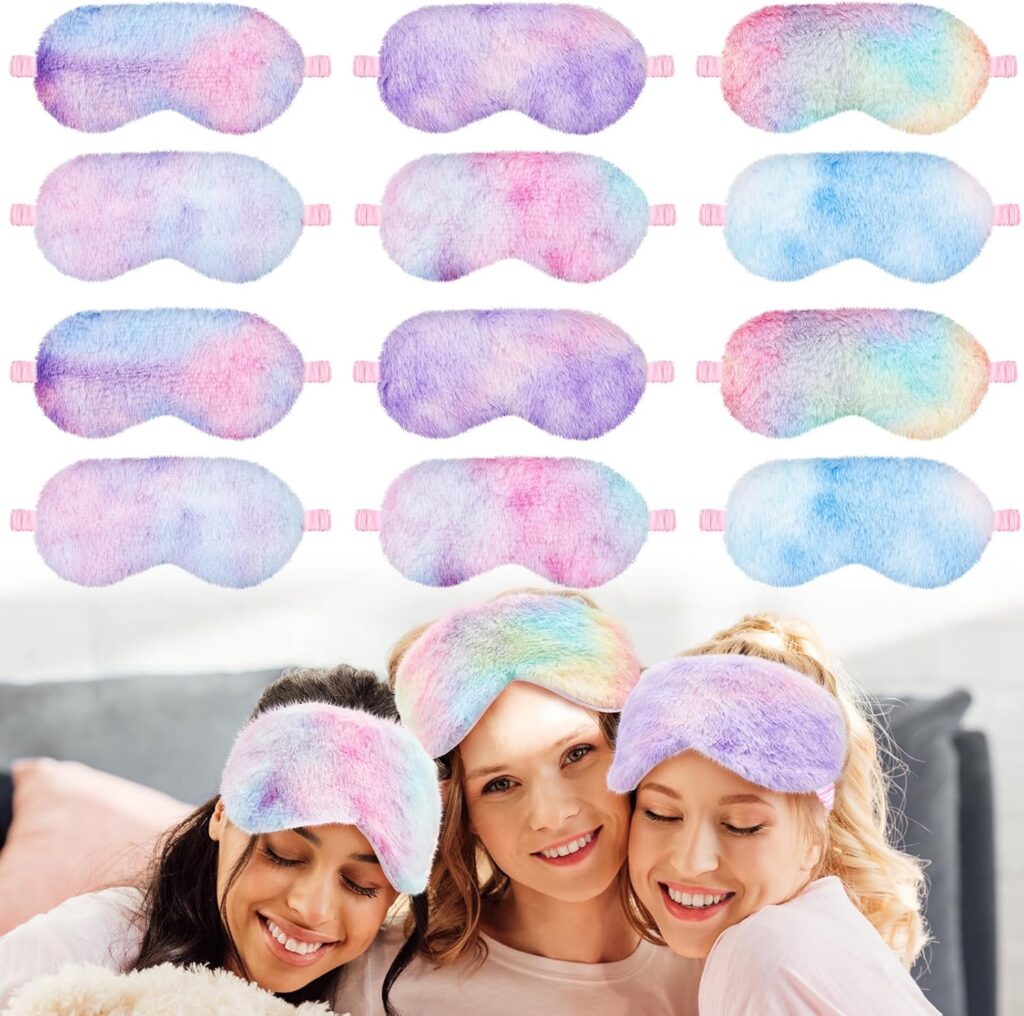Cuffbow 12 Pcs Plush Sleeping Eye Masks Bulk Comfortable Sleep Eye Cover Mask for Kids Women Men Soft Furry Blindfold Faux Fur Shade for Travel Nap Sleepover Party Supplies