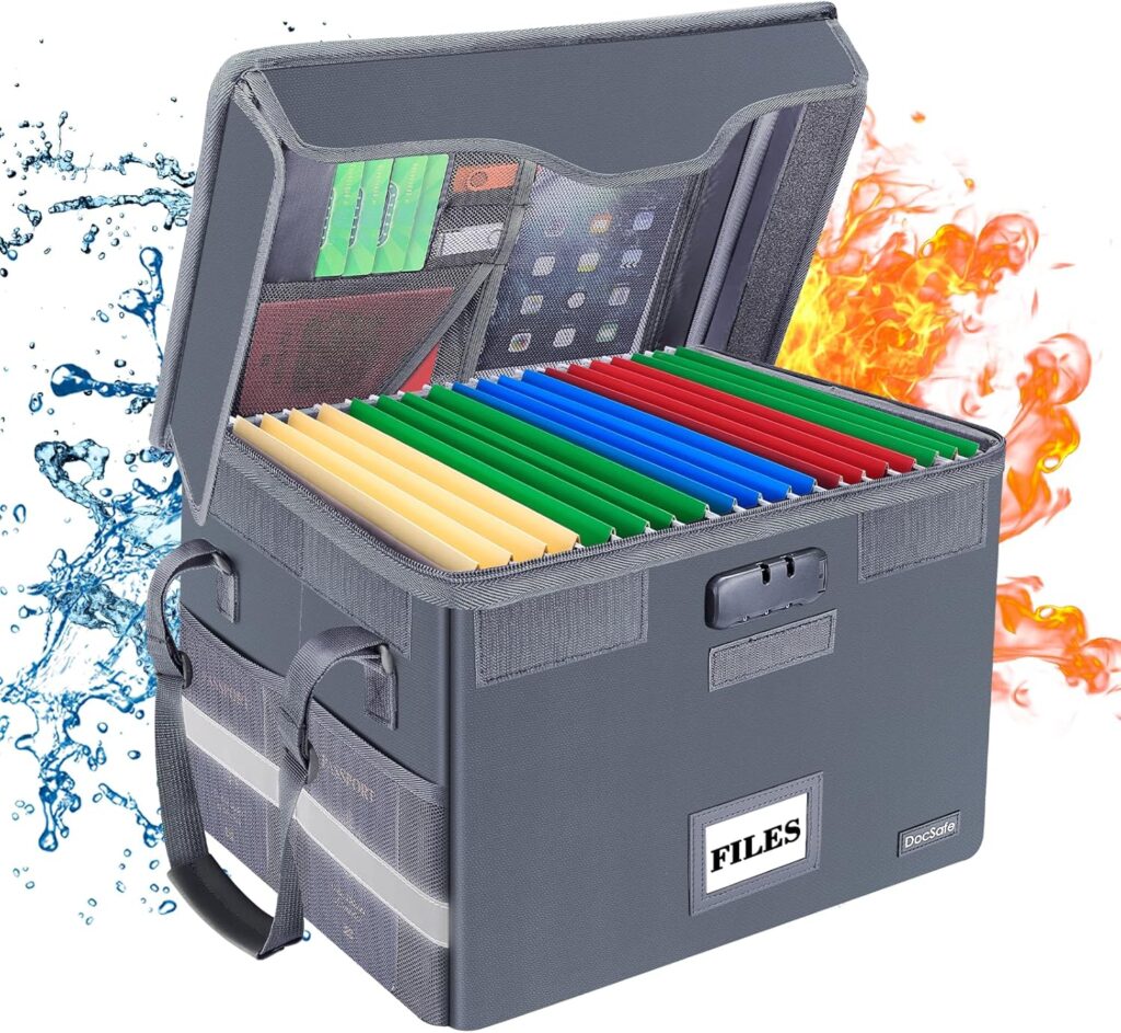 DocSafe Fireproof Document Box with Lock,File Storage Organizer with Zipper Pockets,Collapsible Portable File Box Home Office Safe Filing Cabinet with Handle for Hanging Letter/Legal Folders,Gray